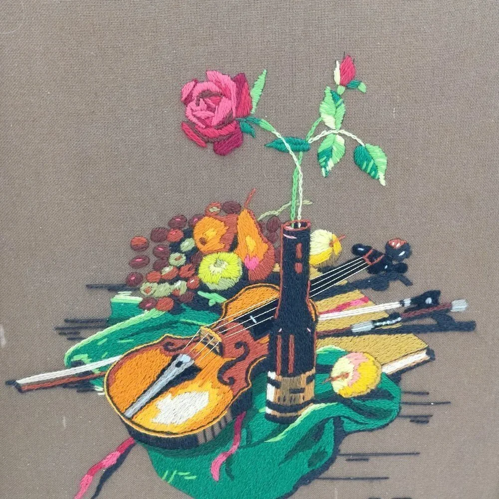 Vintage Completed Crewel Embroidery Picture Violin Rose Fruit Wine Romantic 70s